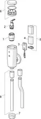 Zerlegte Urinalsteuerung von HANSA mit verschiedenen Komponenten wie Gehäuse, Anschlüssen und Rohren, dargestellt in exploded view.
